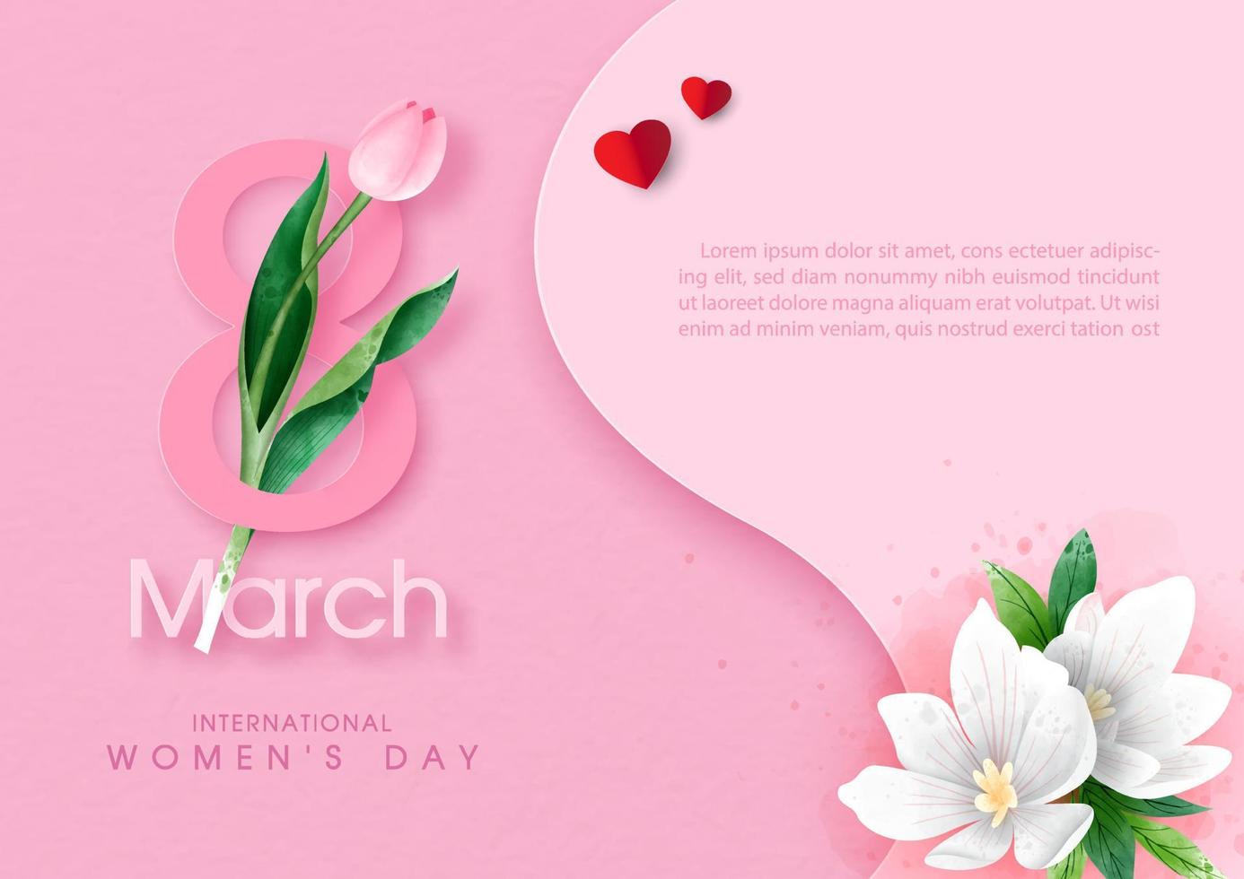 Pink tulip flower in a number 8 with wording of women's day and example texts on pink background. Card and poster's campaign of Women's day in paper cut style. vector