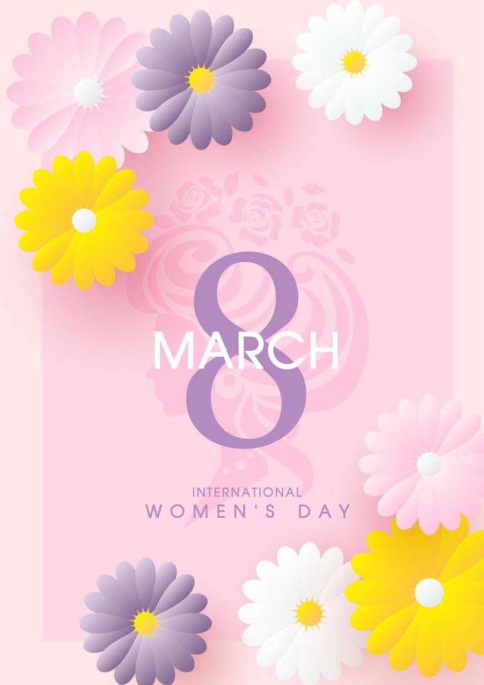 vistoso flores con número 8 y fraseología de De las mujeres día evento en mujer dibujo forma y rosado antecedentes. tarjeta y póster de internacional De las mujeres día en vector diseño.