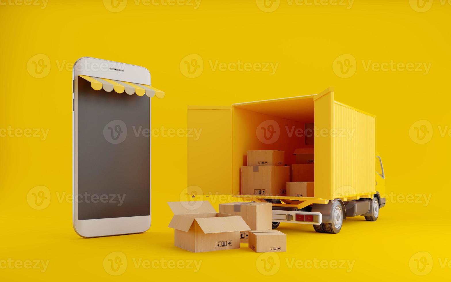 Delivery truck with smartphone and parcel for online shopping ecommerce or logistics concept.3d rendering photo