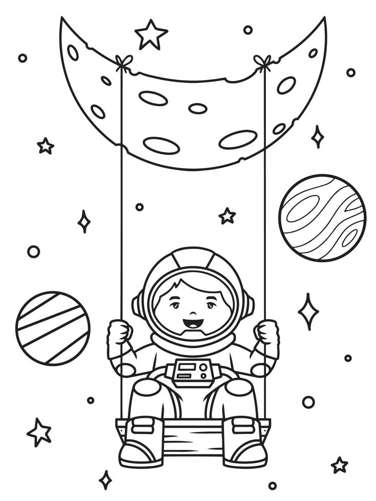 Cute astronaut swinging on the moon coloring book vector
