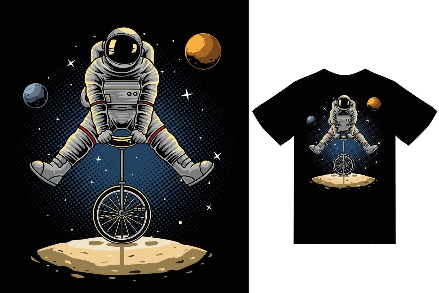Astronaut riding unicycle illustration with tshirt design premium vector