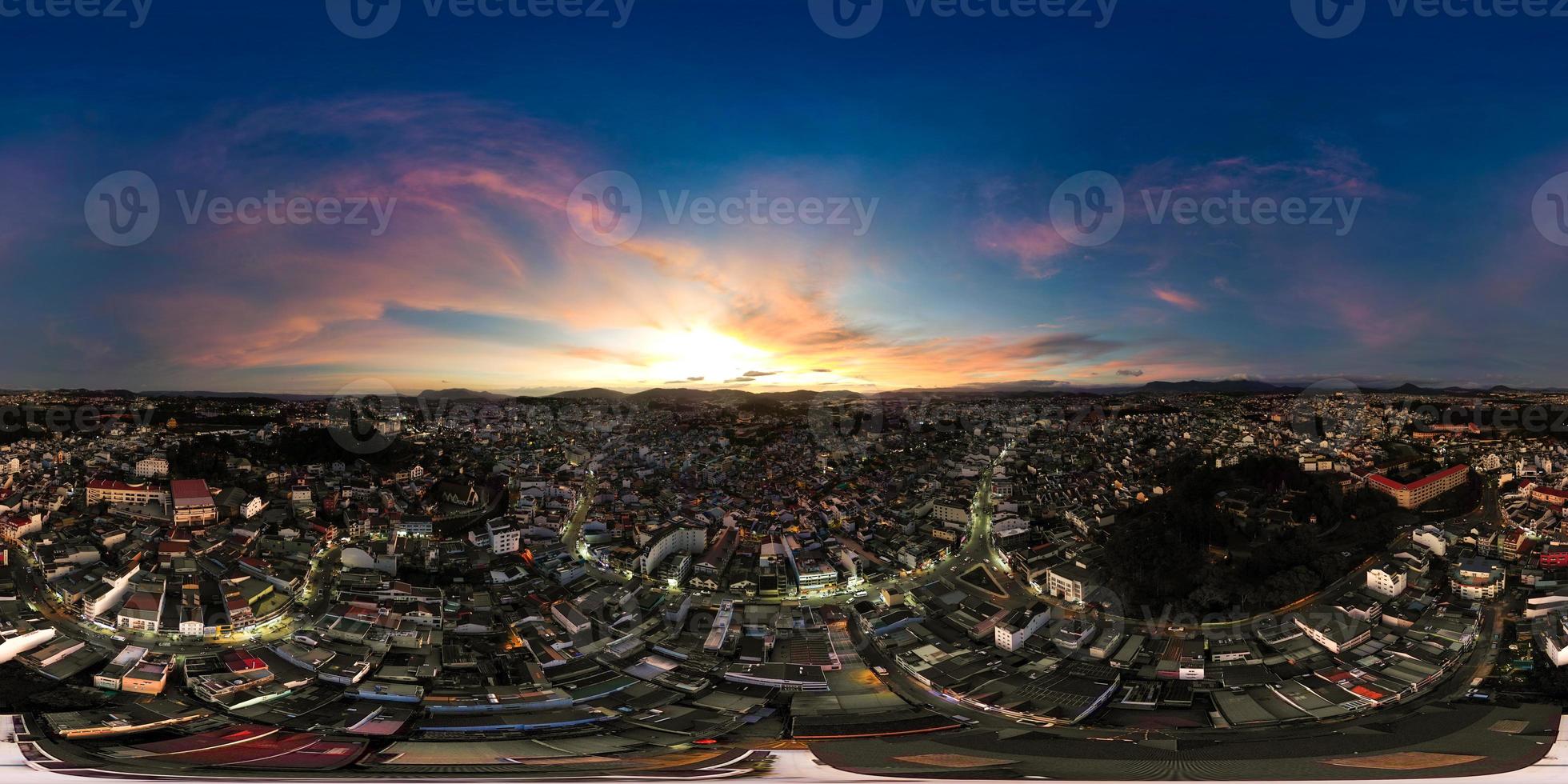 360 Panorama of Spectacular Sunset Skyline in Da Lat City, Vietnam A Mesmerizing View of Cityscape and Sky with a Stunning Sunset Hue photo