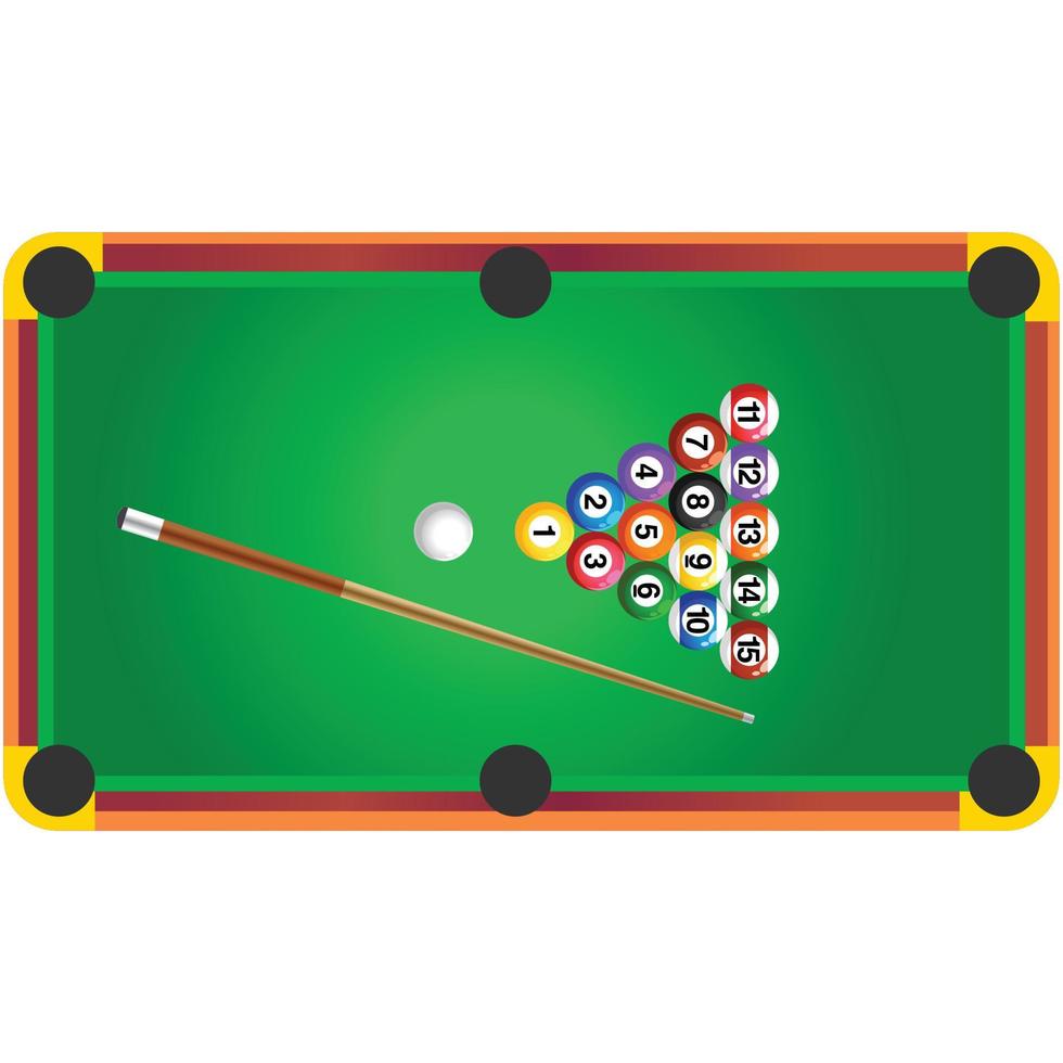 Realistic vector illustration of a green pool table with balls and cues. Top view. vector cartoon realistic illustration.