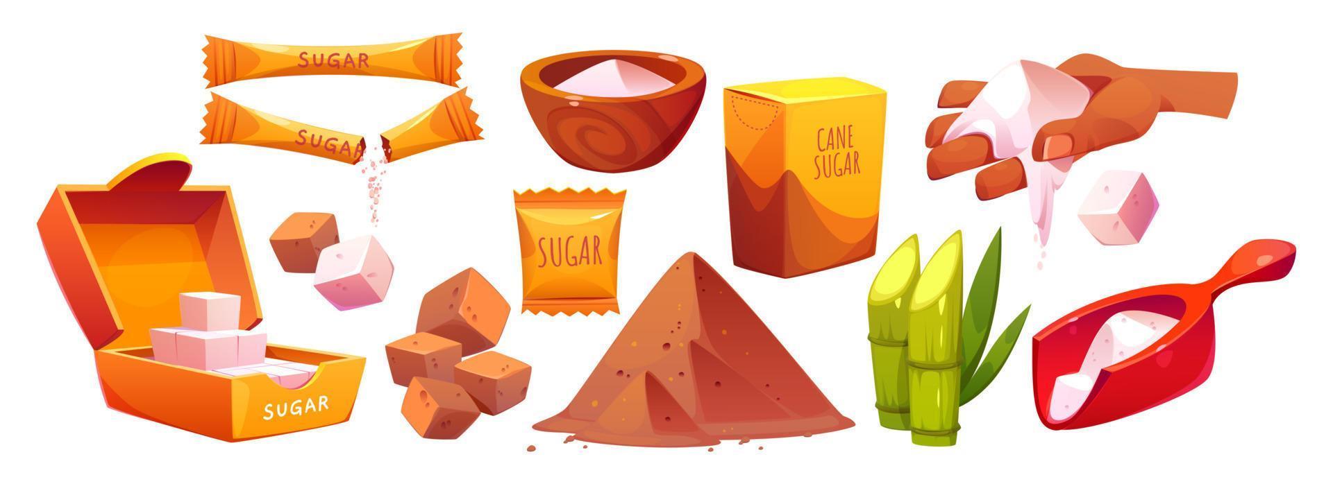 Icons of white and brown sugar in cubes and powder vector