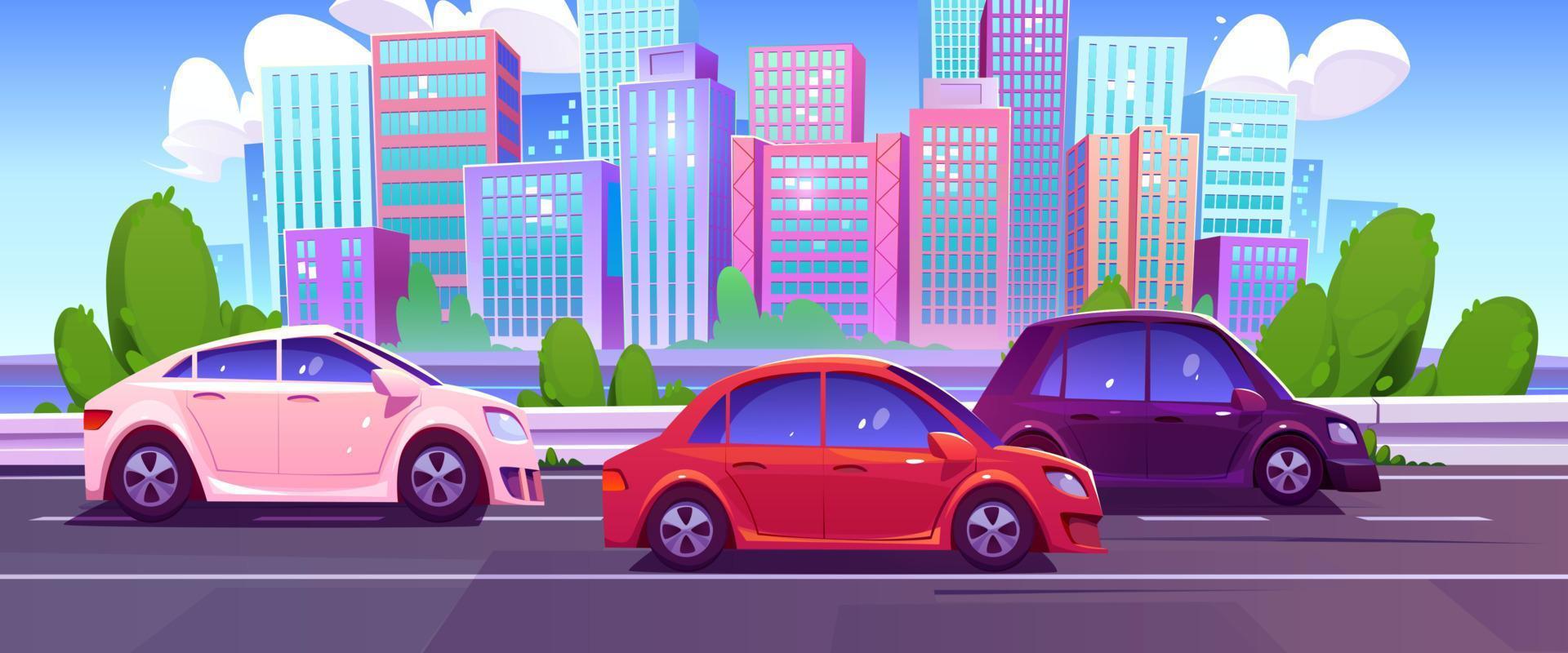 Urban traffic on modern city backdrop vector