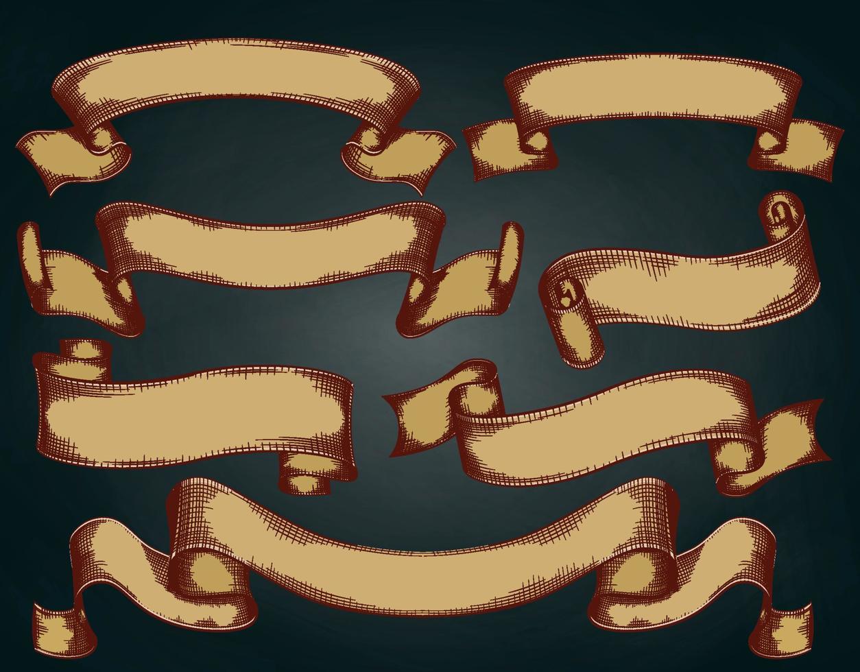 Set of vintage, hand drown, retro ribbons on dark background. Vector illustration.
