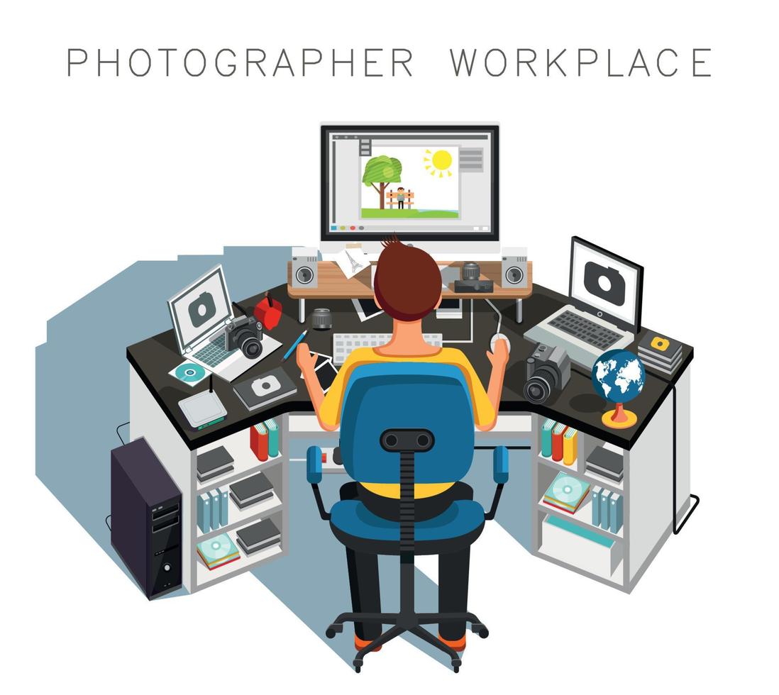 Photographer workplace. Photographer at work. Vector illustration