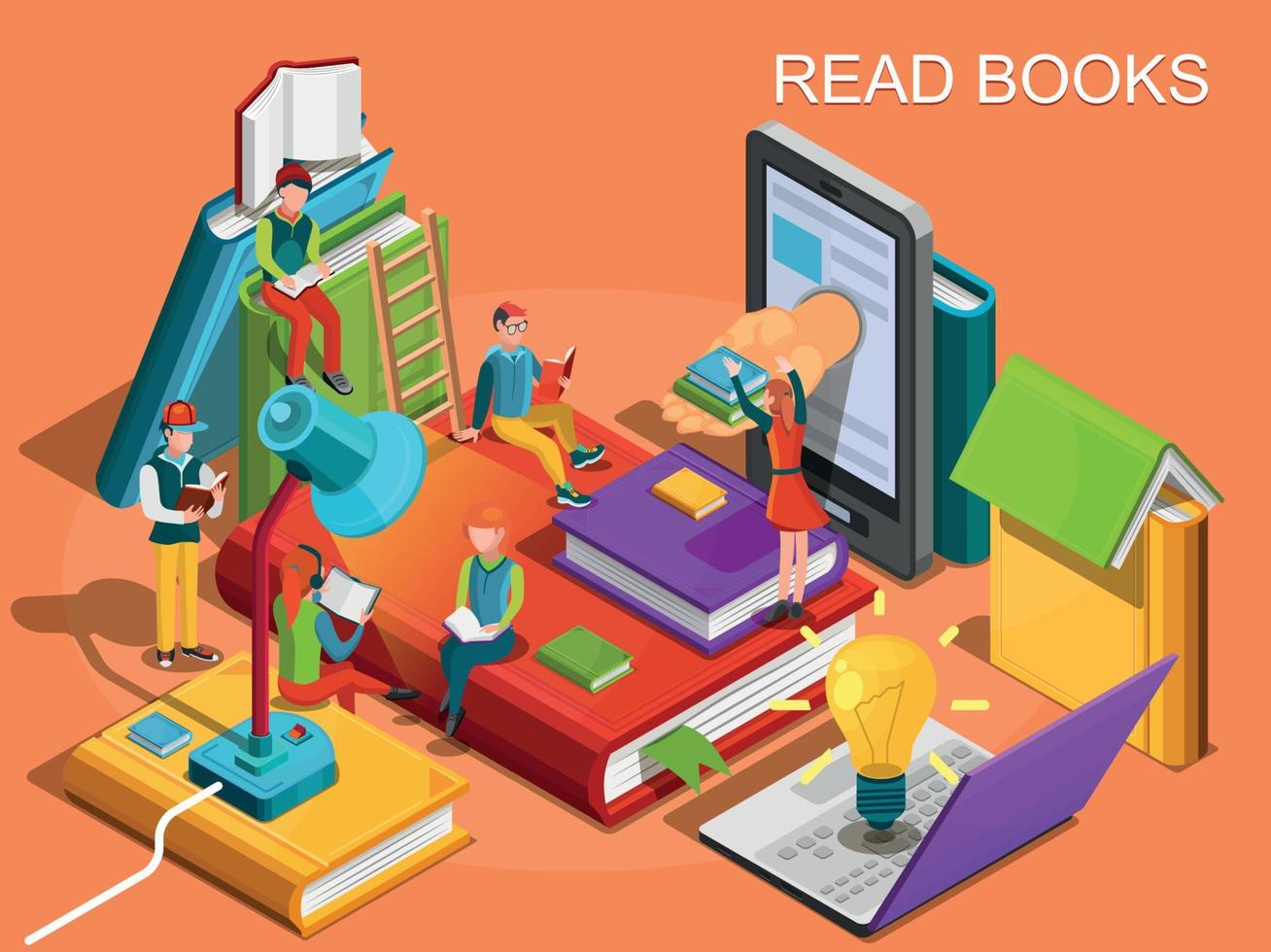 Online library. The process of education, the concept of learning and reading books in the library. University studies. Reading people isometric flat design. Vector illustration