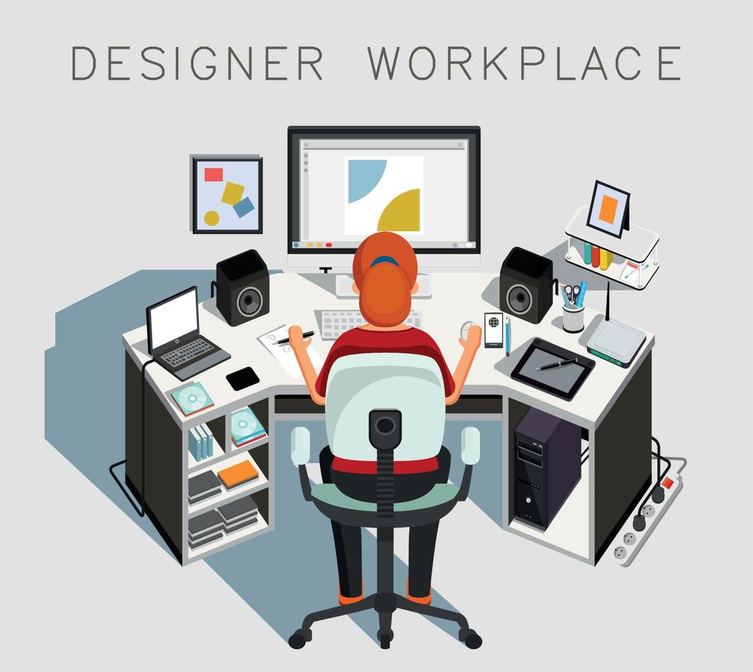 diseñador lugar de trabajo. gafico diseñador a trabajar. vector ilustración