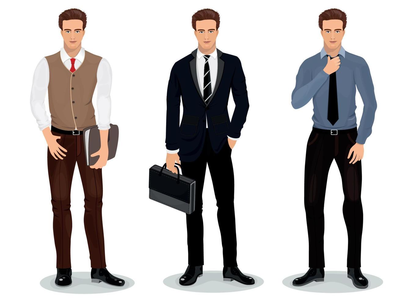 Men in stylish clothes. Set of businessmen. Detailed male characters. Vector illustration