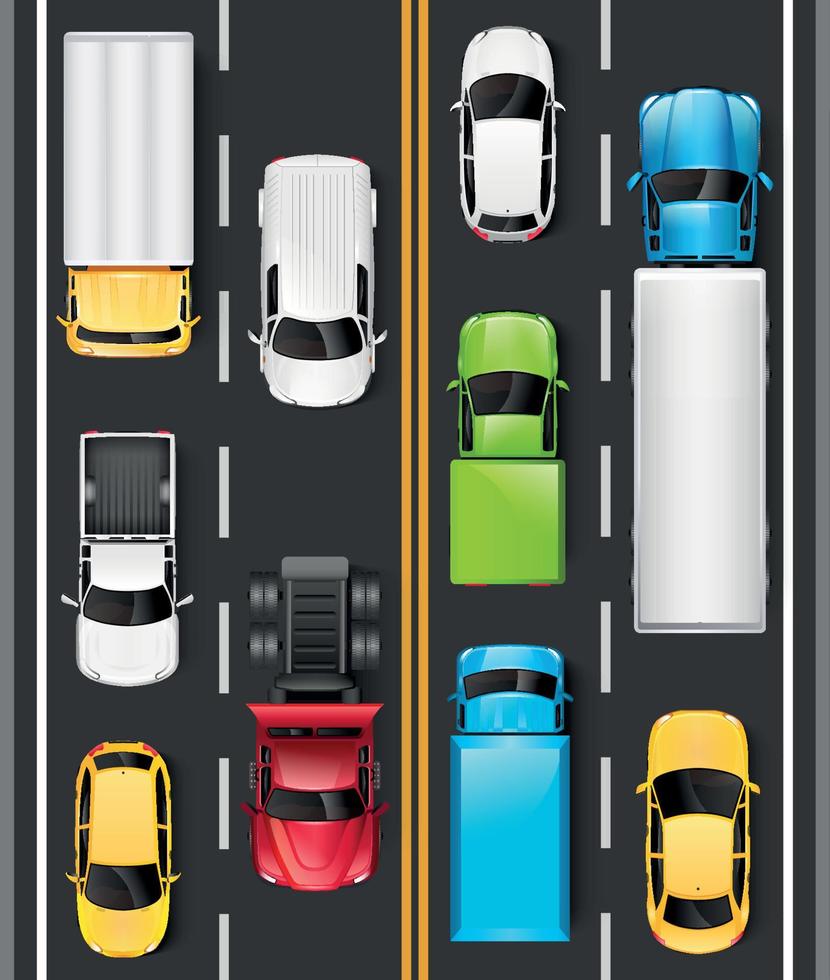 Top view of cars and trucks on the road. Cars are driving on the highway. Traffic on the road. Vector illustration