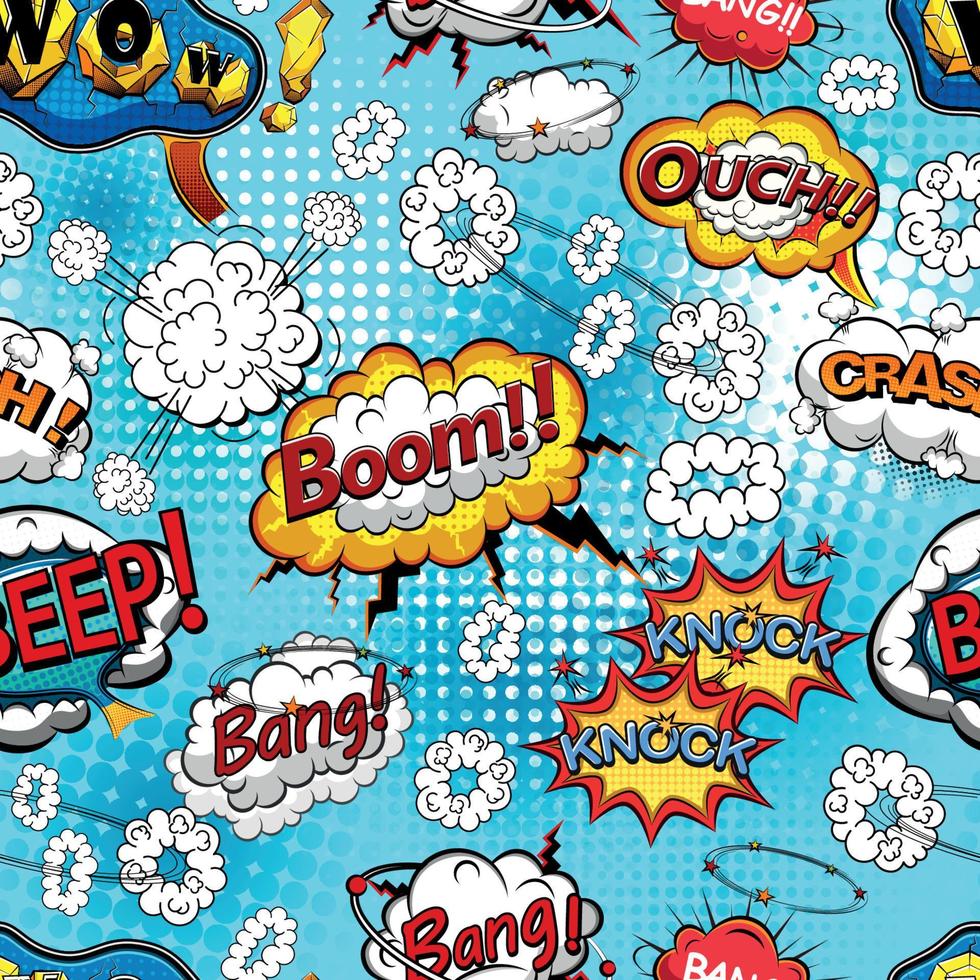 Comic speech bubbles seamless pattern with  explosions and sound effects. Vector illustration