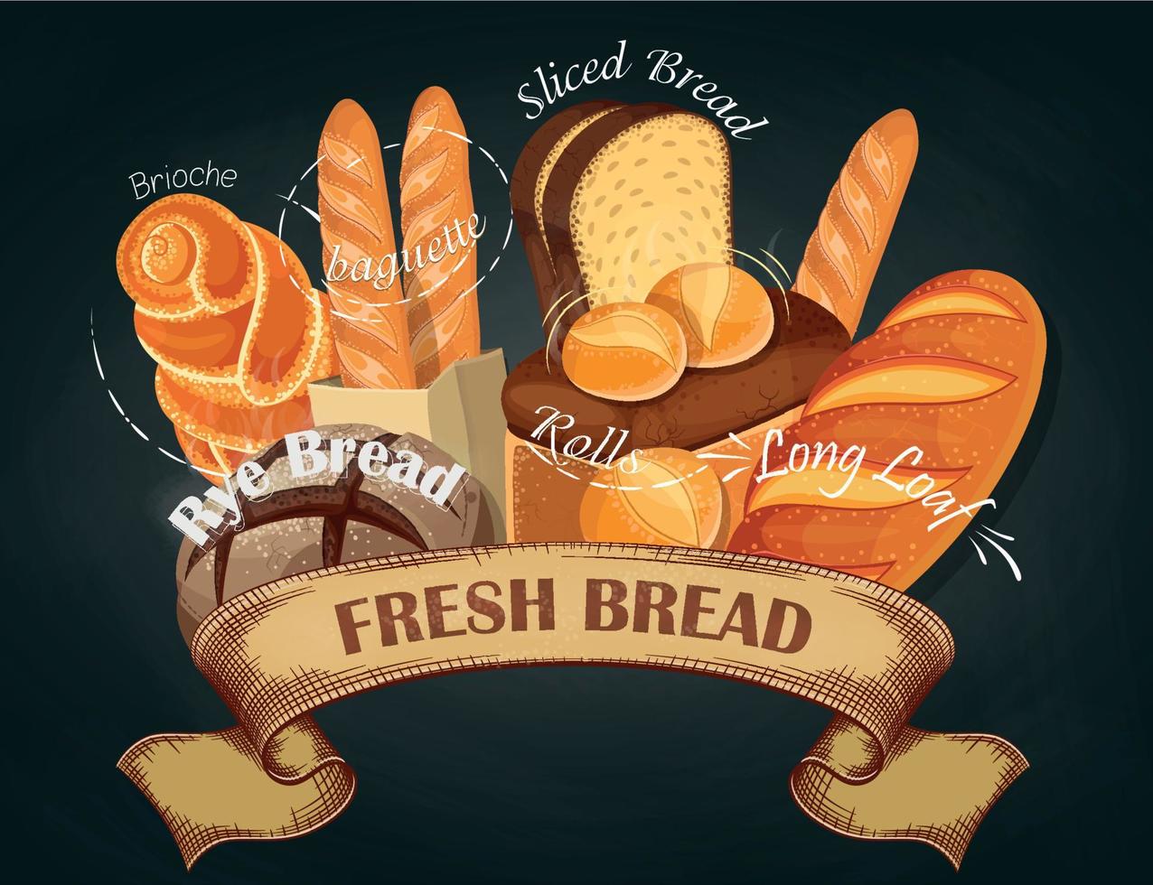 Fresh bread. Baking shop emblem. Bread logo for bakery shop. Branding, label, banner, assortment. Vector illustration