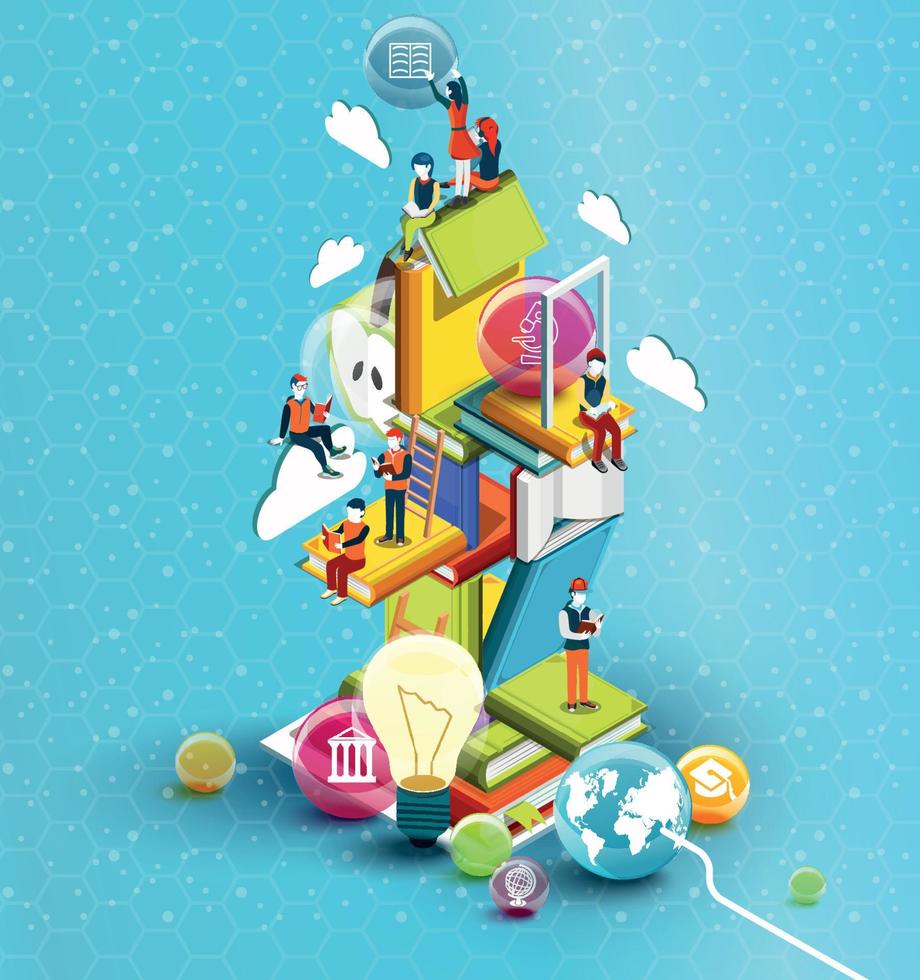 A tower of books with reading people.  Educational concept. Online library. Online education isometric flat design on blue background. Vector illustration