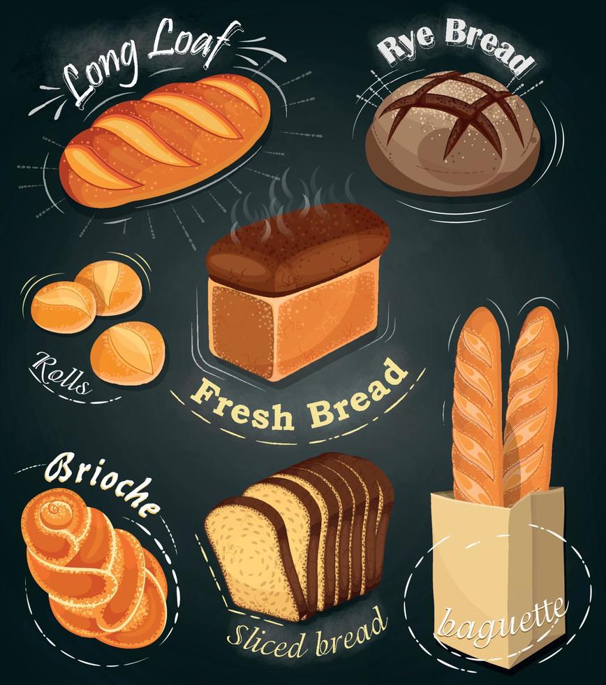 Advertising bakery on the chalkboard. Set of bakery products. Menu. Long loaf, rye bread, baguette, rolls, white bread, sliced bread, brioche. Vector illustration