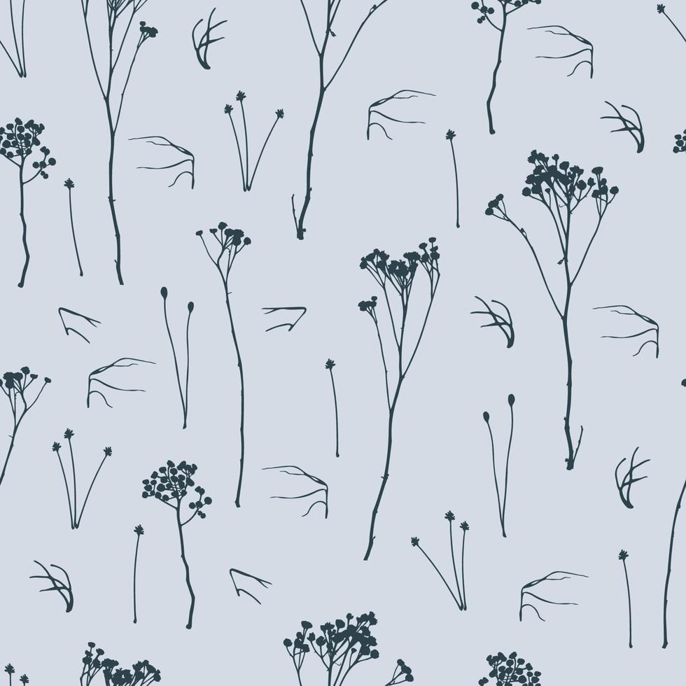 Herbarium. Vector seamless pattern with silhouettes of wild flowers. Vector hand drawn illustration on white background.