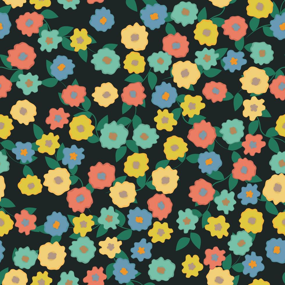 Cute floral seamless pattern with small multicolored flowers on a dark background. Vector illustration. EPS10