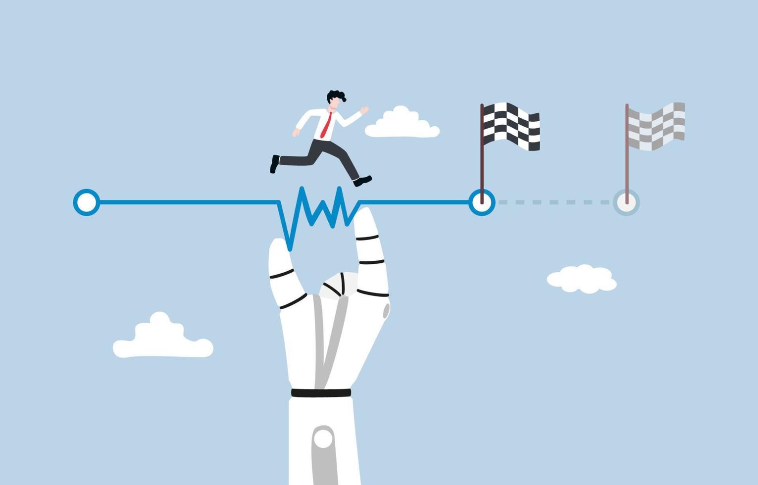Work faster with AI technology assistance, automating repetitive tasks, analyzing data more quickly, augmenting human capability concept, Robotic hand helping to shorten distance to reach finish line. vector