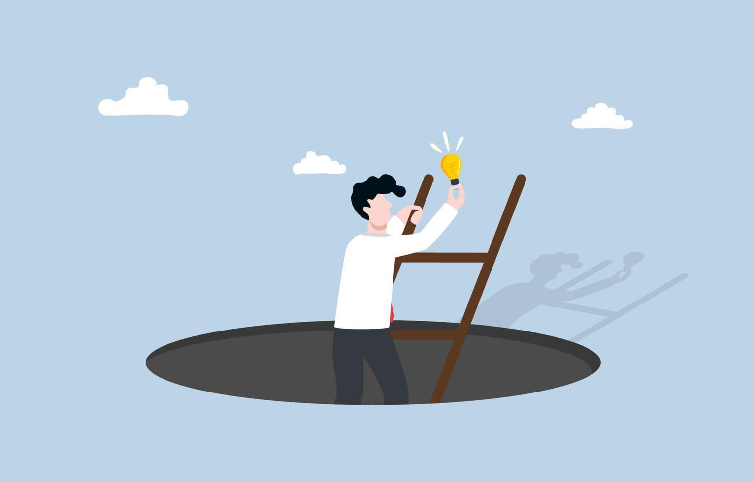 Gaining new knowledge from solving problem, learning from career mistake to improve skills and achieve better result next time concept, Businessman climbing out of hole and holding idea light bulb. vector