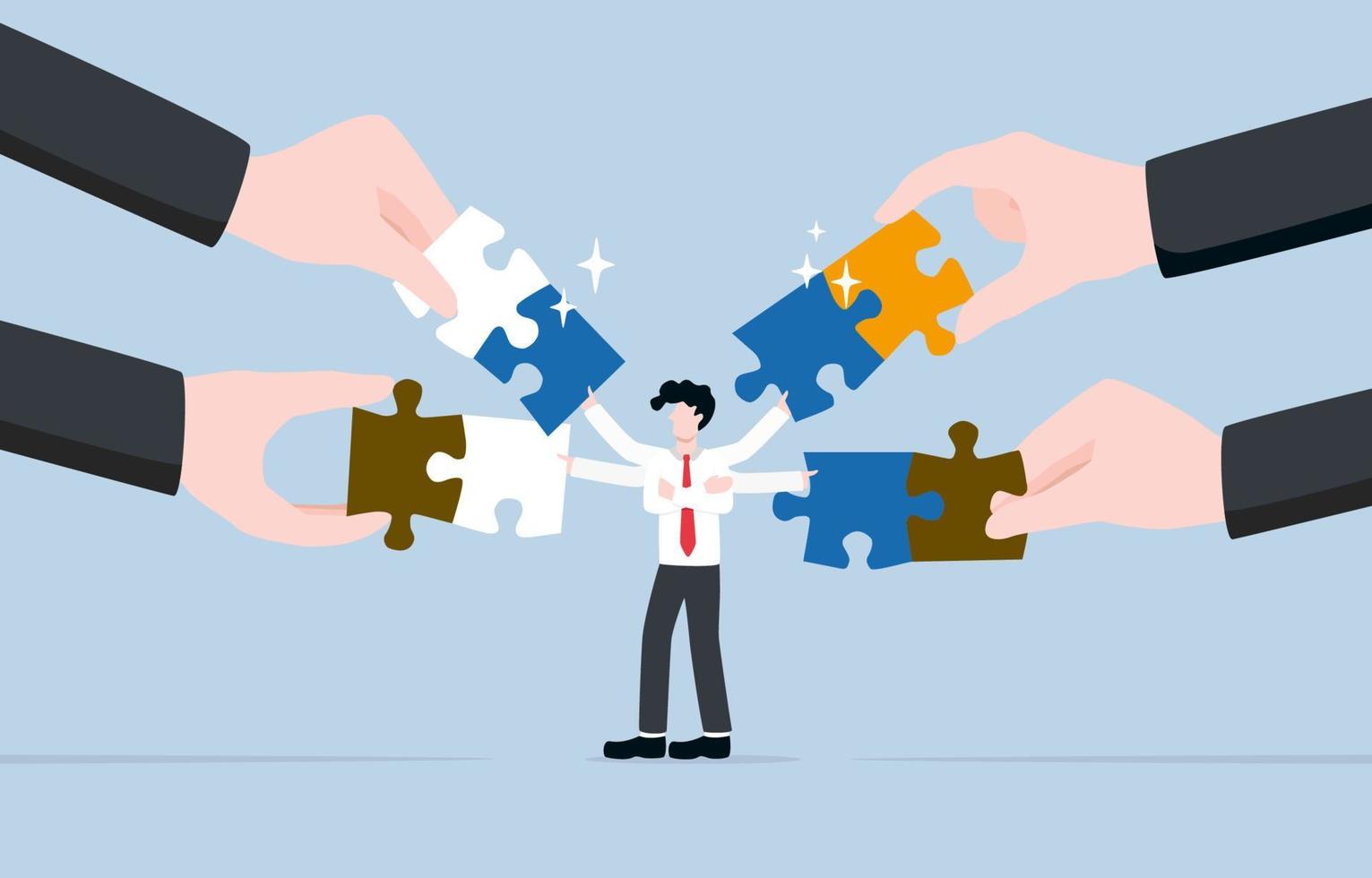 Business coordination skill, ability to work effectively with others, clear communication and adapting to changing circumstance concept, Businessman connecting jigsaw puzzles with many hands. vector