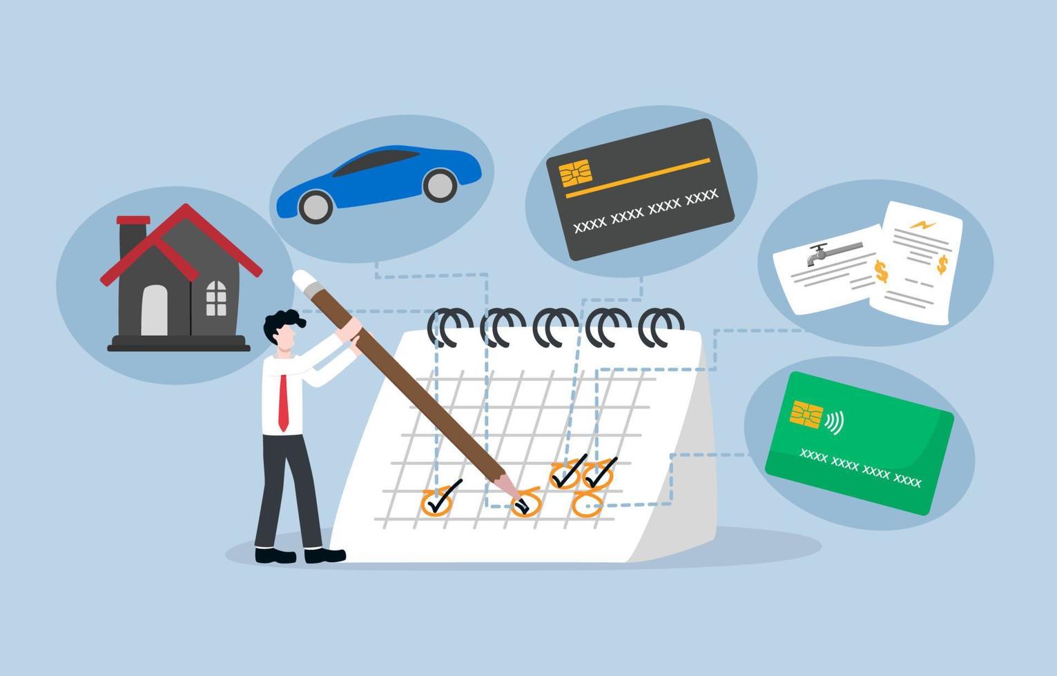 Effective management for monthly expenses, debt payment, track spending and prioritization to reach financial goal concept, Businessman marking check sign on calendar about monthly payment. vector