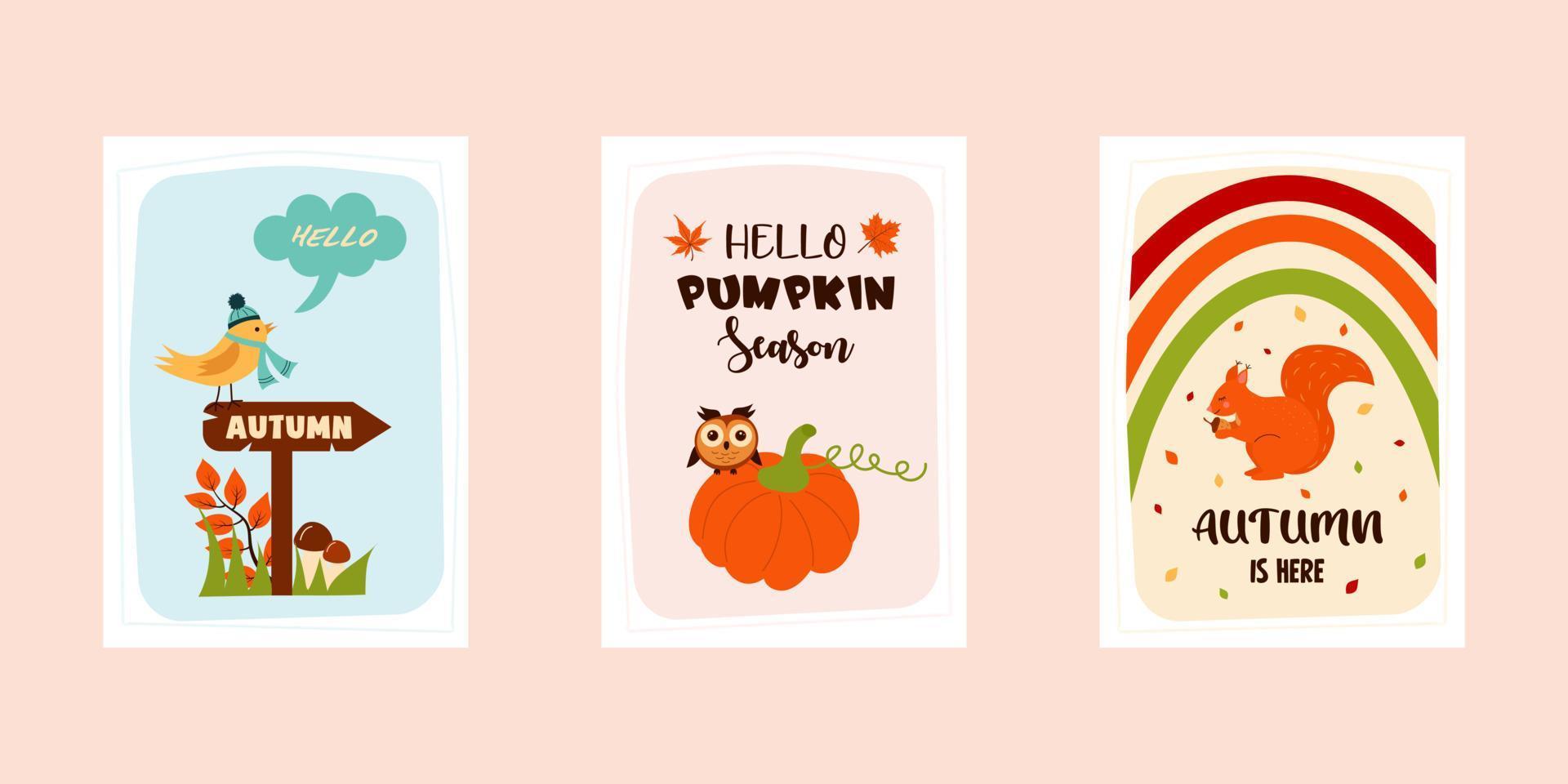 Set of autumn greeting cards. Cozy quotes and cute things. Print as a card or a cozy poster. Autumn, harvest festival, thanksgiving day, cozy season, halloween concept. vector