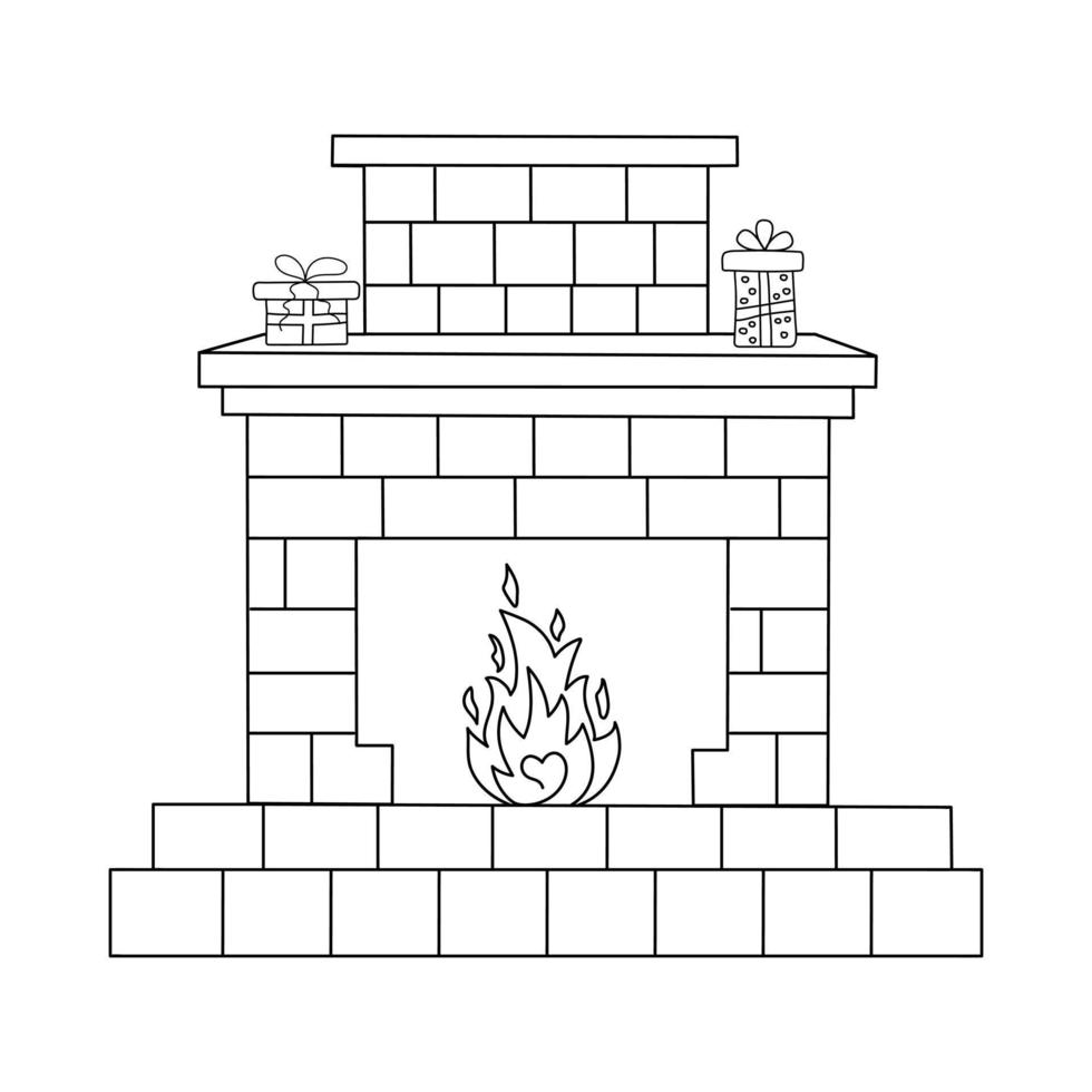 Cozy fireplace with burning fire and gift boxes. Hand drawn illustration in doodle style. vector