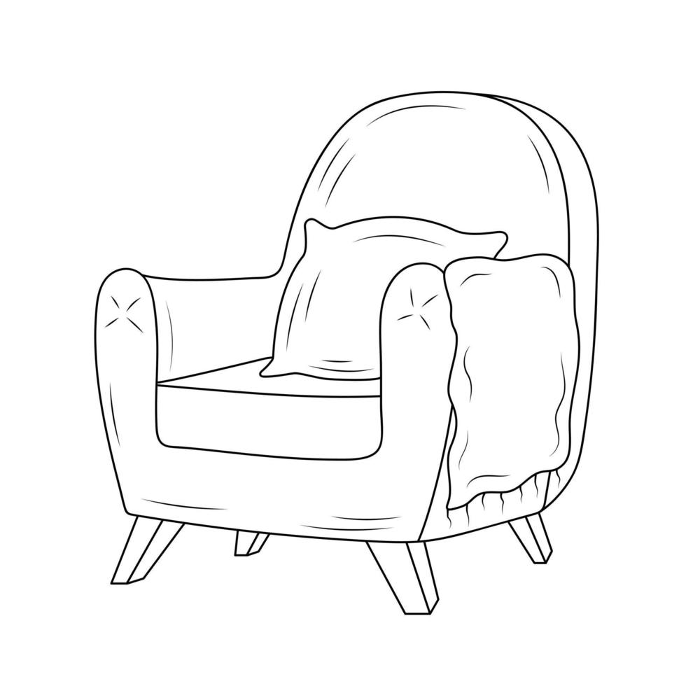 Cozy hygge armchair with pillow and plaid. Hand drawn illustration in doodle style. vector