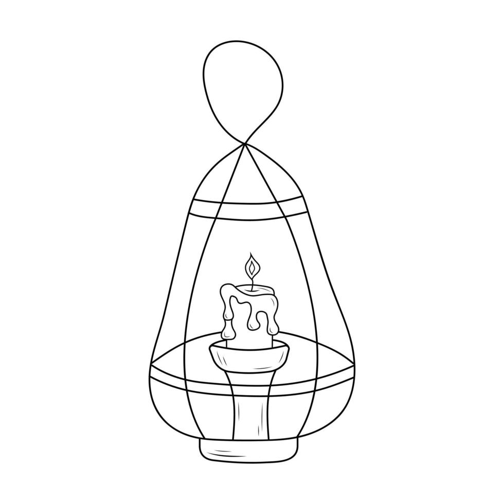 Cozy vintage lamp with a burning candle and flowing wax. Old pendant lamp. Hand drawn illustration in doodle style. vector