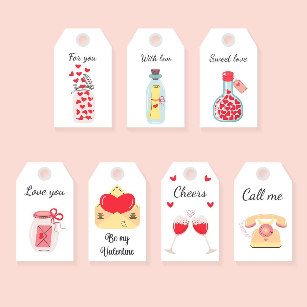 Valentines day love gift tags set. Romantic labels with love quotes. vector