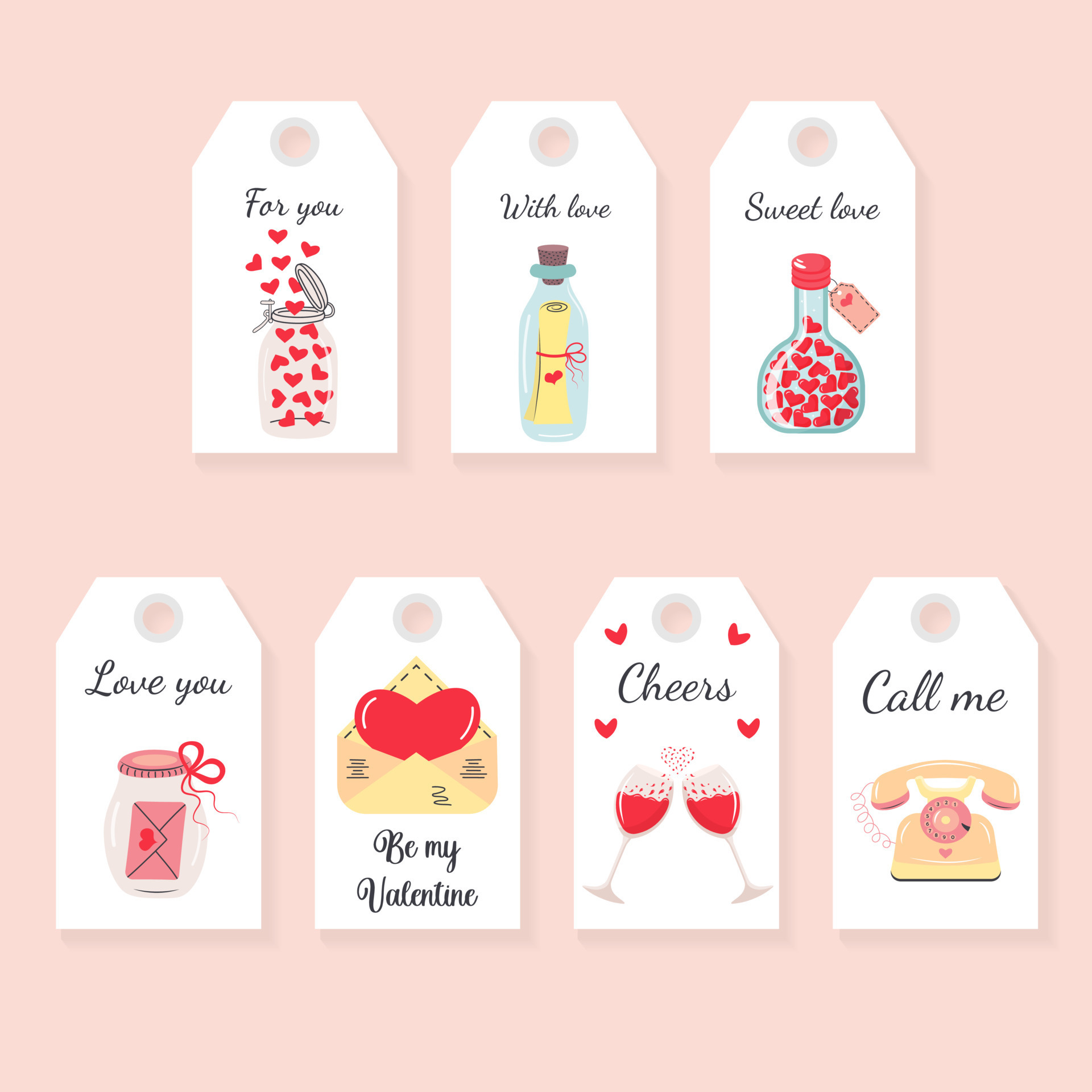 Valentines day love gift tags set. Romantic labels with love quotes