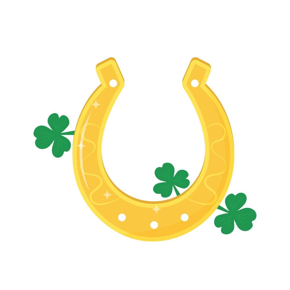 Golden horseshoe with shamrock leaves. Saint Patricks Day holiday symbol. Good luck symbol. vector