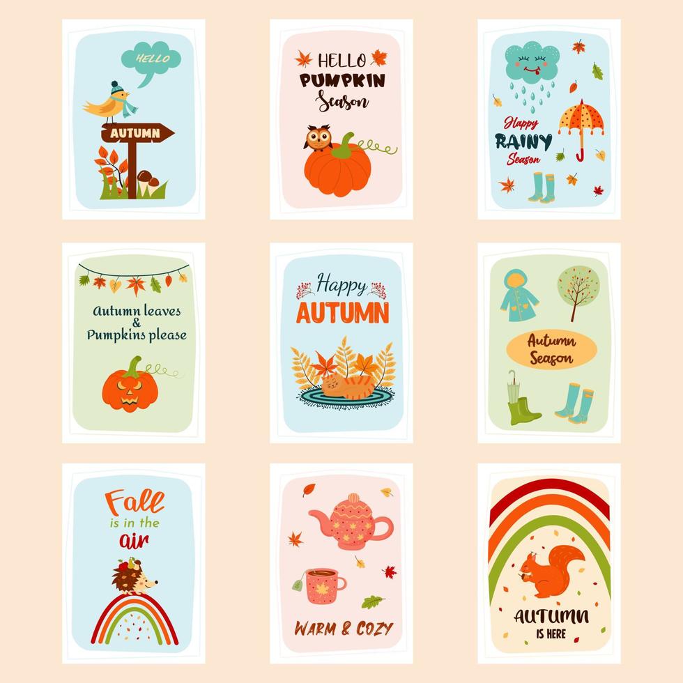 Big set of autumn greeting cards. Cozy quotes and cute things. Print as a card or a cozy poster. vector