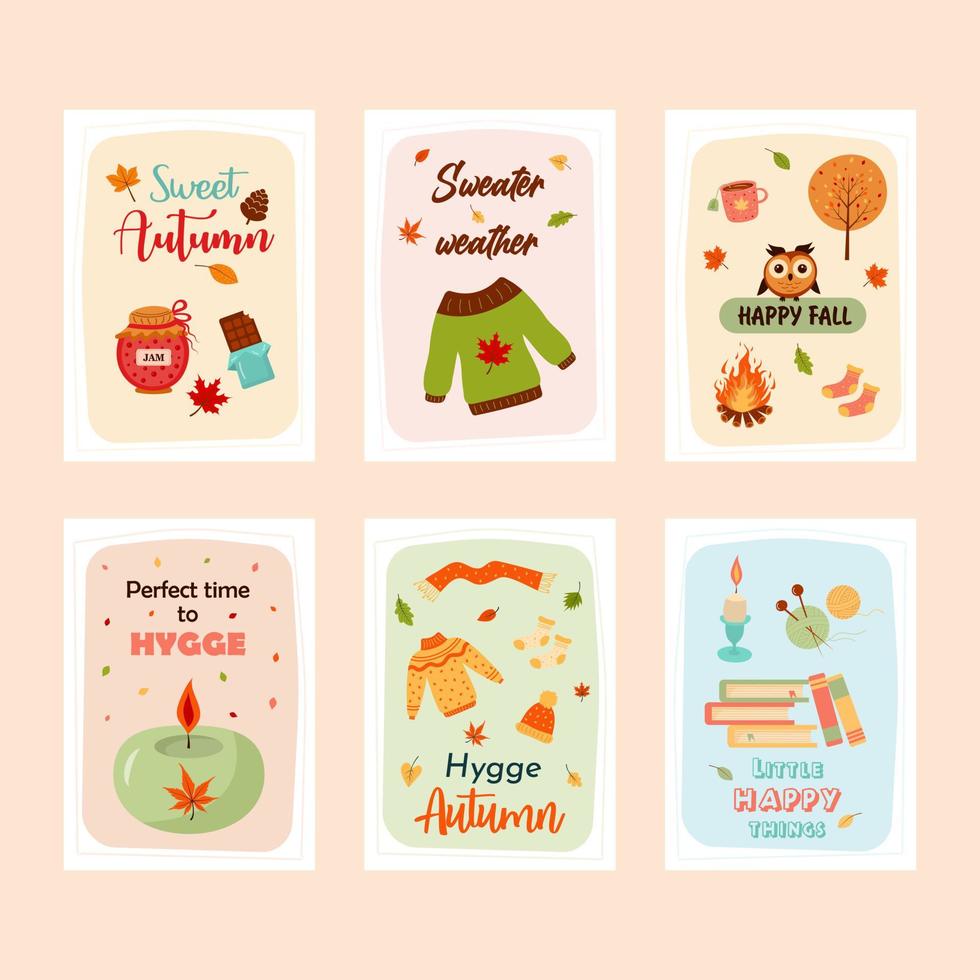 Set of autumn greeting cards. Cozy quotes and cute things. Print as a card or a cozy poster. vector