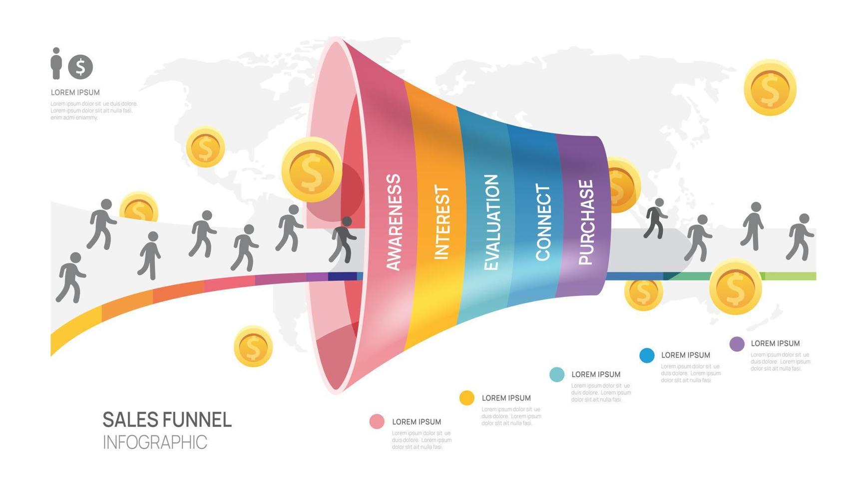 Infographic Sales funnel diagram template for business. Modern  Timeline 5 step level, digital marketing data, presentation vector infographics.