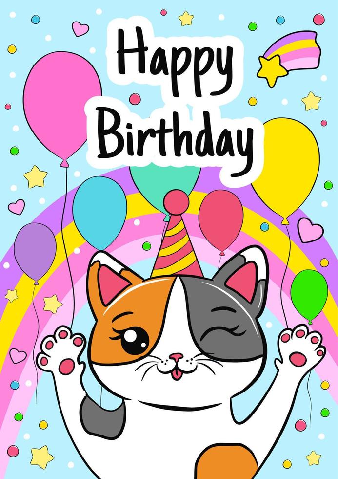 Happy birthday greeting card with rainbow and funny cat. holiday poster vector