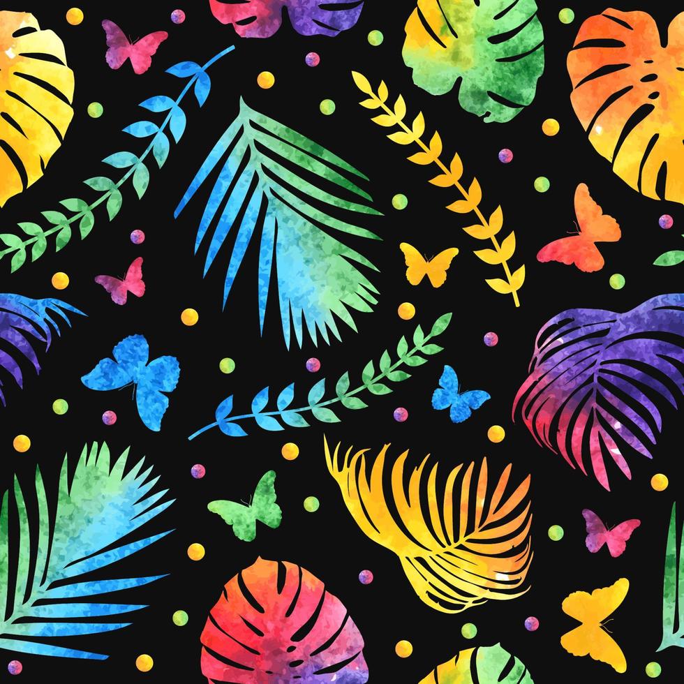 Tropical leaves, jungle monstera leaf and butterflies seamless floral pattern background. vector