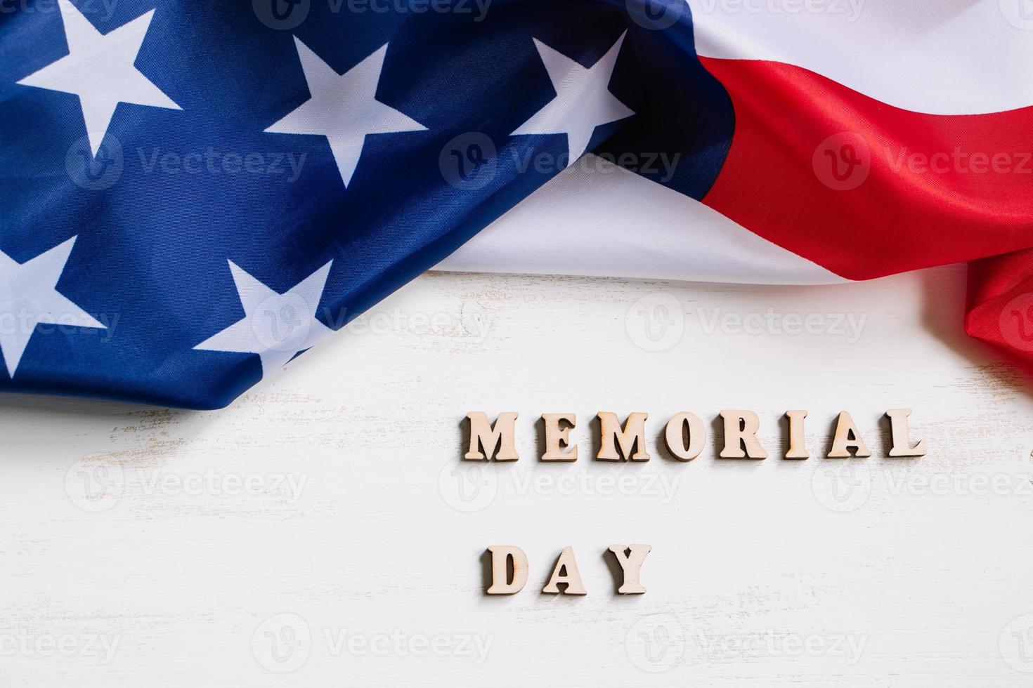 USA Memorial Day concept. American flag and text on white background. Celebration of national holiday. photo