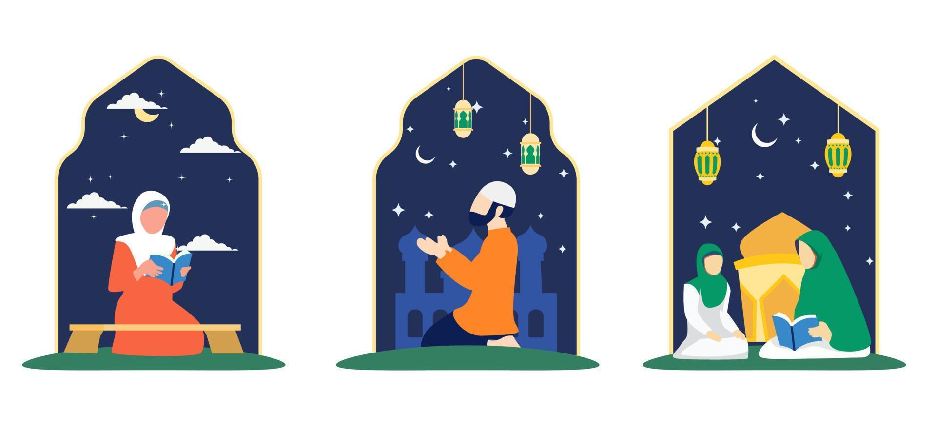 Ramadán noche plano haz diseño vector