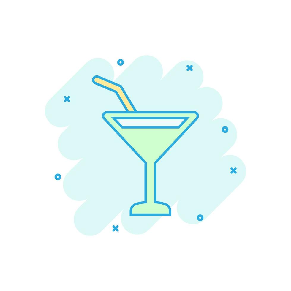 icono de cóctel de alcohol en estilo cómico. beber vidrio vector ilustración de dibujos animados sobre fondo blanco aislado. efecto de salpicadura del concepto de negocio líquido martini.