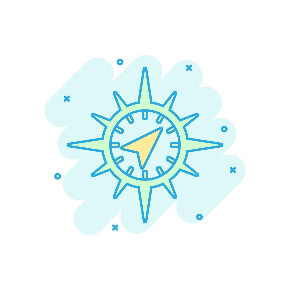 Global navigation icon in comic style. Compass gps vector cartoon illustration on white isolated background. Location discovery business concept splash effect.