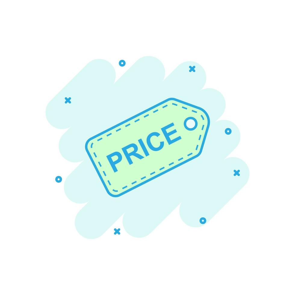 Price coupon icon in comic style. Price tag vector cartoon illustration on white isolated background. Sale sticker business concept splash effect.