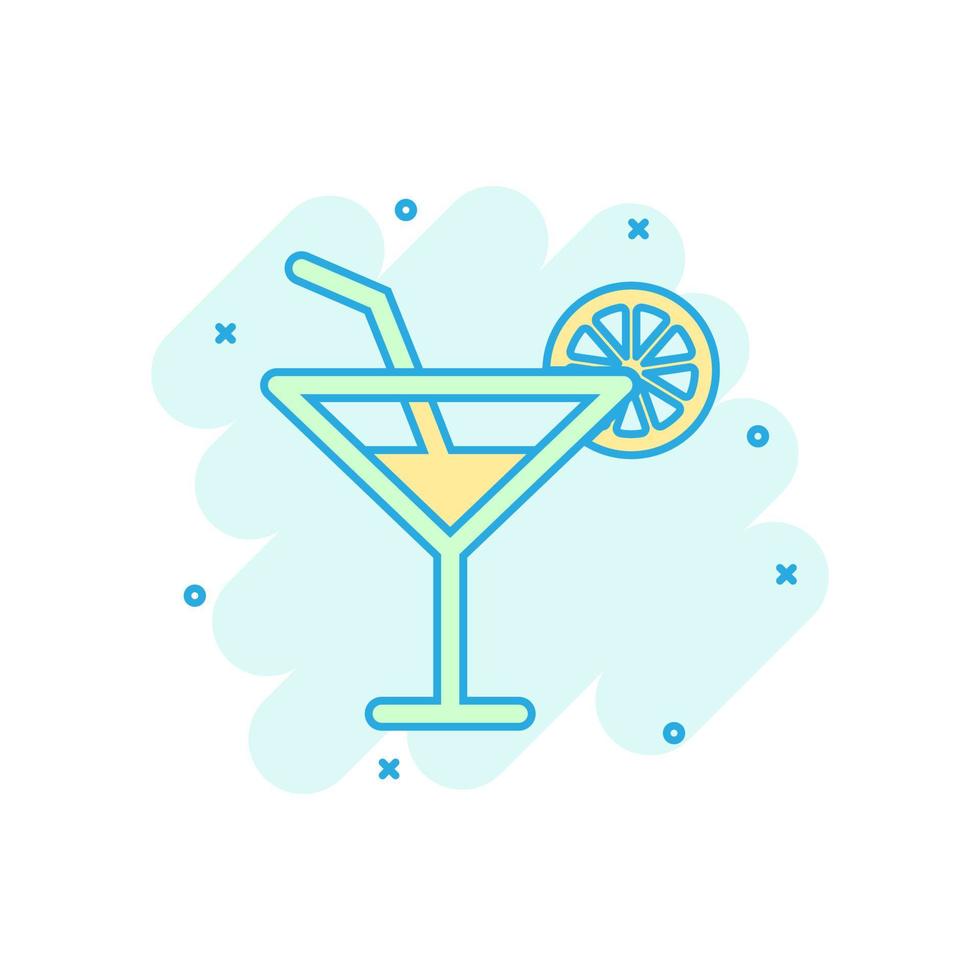 Alcohol cocktail icon in comic style. Drink glass vector cartoon illustration on white isolated background. Martini liquid business concept splash effect.