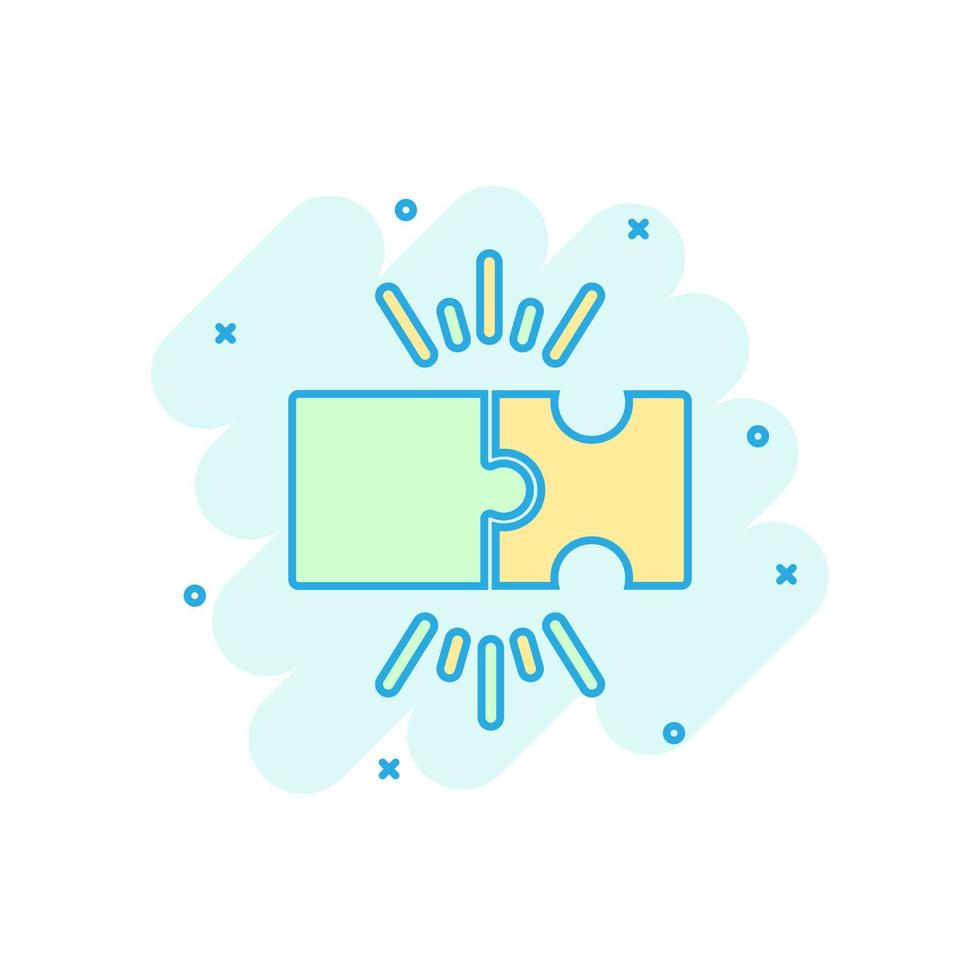 Puzzle compatible icon in comic style. Jigsaw agreement vector cartoon illustration on white isolated background. Cooperation solution business concept splash effect.