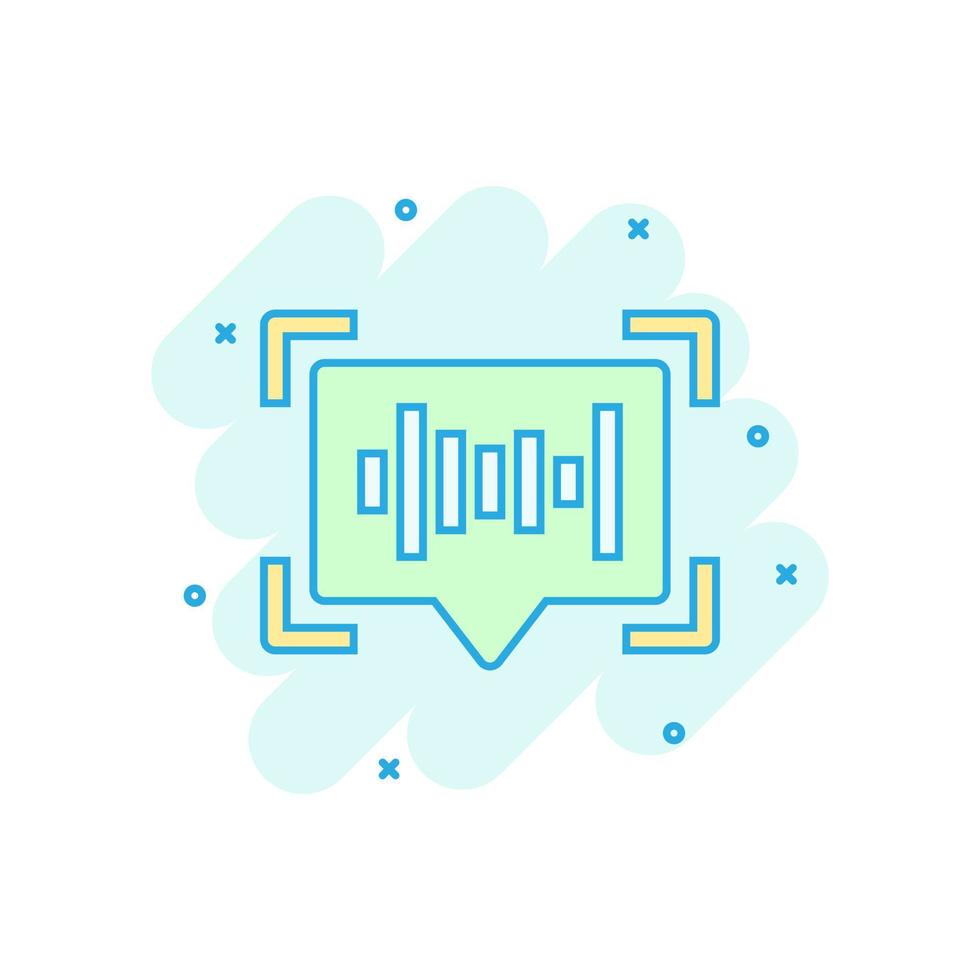 Voice recognition icon in comic style. Authentication sound vector cartoon illustration on white isolated background. Soundwave business concept splash effect.