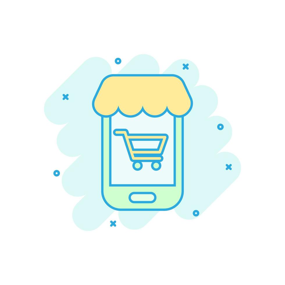 Online shopping icon in comic style. Smartphone store vector cartoon illustration on white isolated background. Market business concept splash effect.