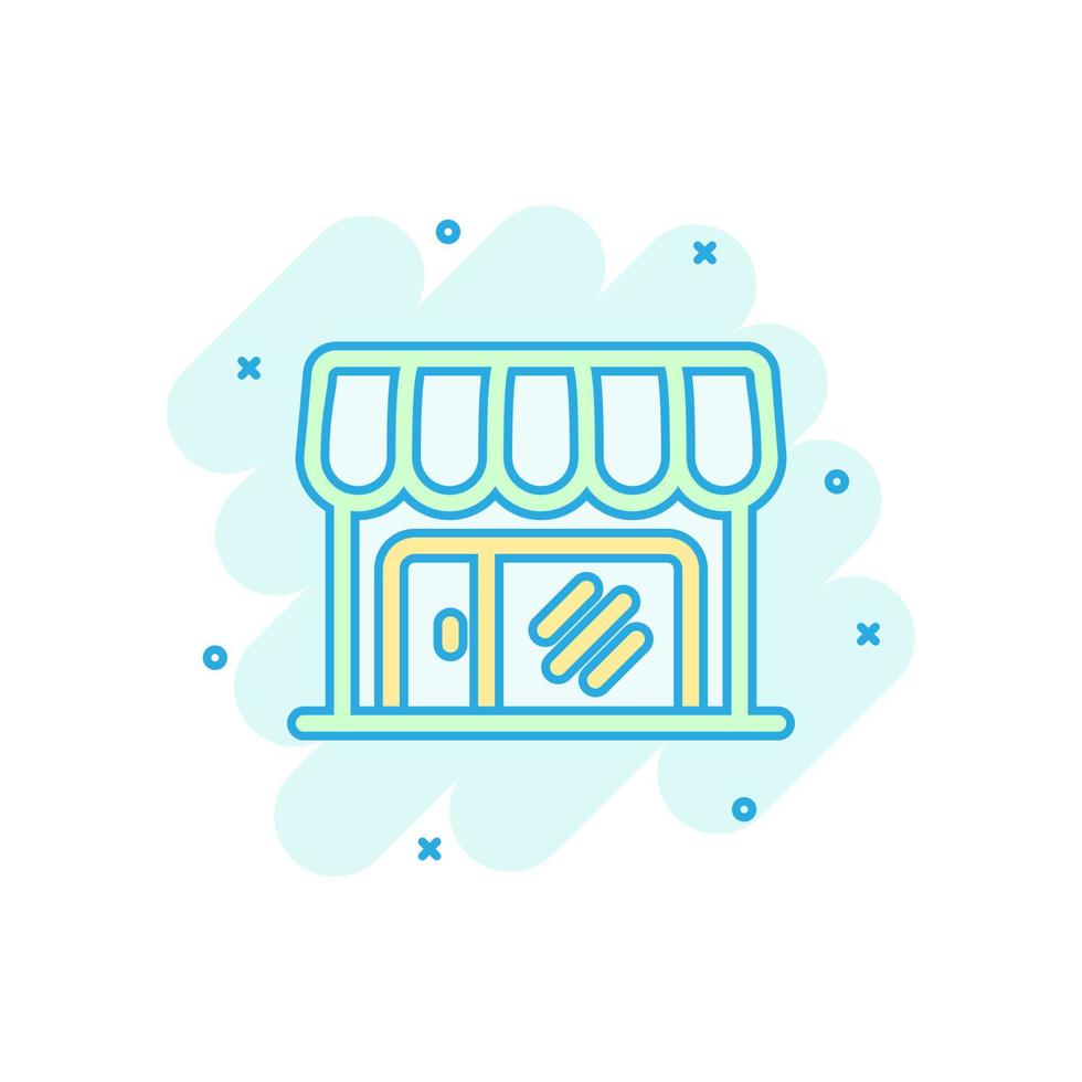 Grocery store icon in comic style. Shop building vector cartoon illustration on white isolated background. Market boutique business concept splash effect.