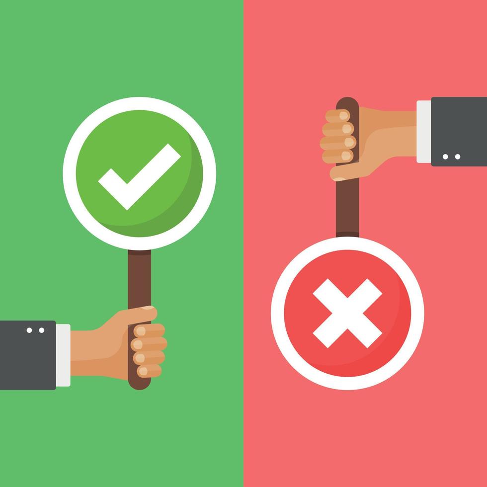 Hands hold signboard icon in flat style. Right and wrong feedback vector illustration on isolated background. Yes, no sign business concept.