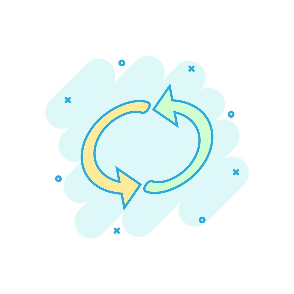 Arrow rotation icon in comic style. Sync action vector cartoon illustration on white isolated background. Refresh button business concept splash effect.