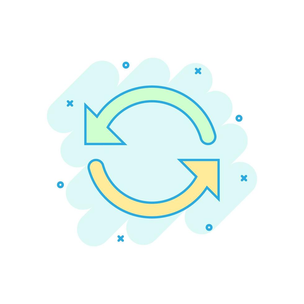 Arrow rotation icon in comic style. Sync action vector cartoon illustration on white isolated background. Refresh button business concept splash effect.